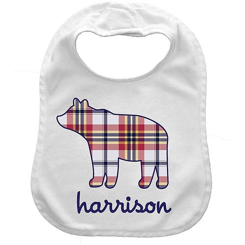 Personalized Baby Bib, Plaid Bear