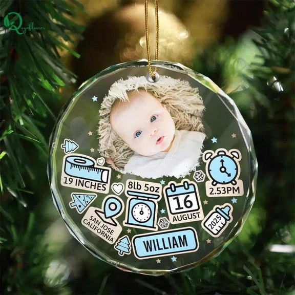 Personalized Baby Birth Stats Christmas Ornament 2025 - Sea-Glass-Style Photo Keepsake with Name & Details, Newborn Gift for Parents