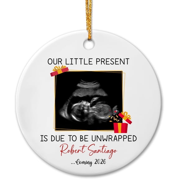 Personalized Baby Bump's Ceramic Ornament Christmas 2025, Our Little Present is Due To Be Unwrapped Christmas Ceramic Ornament, Custom Picture & Name Pregnancy Announce Bump's 1st Xmas Ornament Gifts