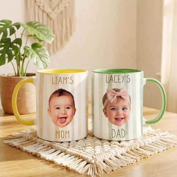 Personalized Baby Face Photo Mug with Custom Name, New Parents Mom Dad Gift Ceramic Coffee Cup, 11oz 15oz