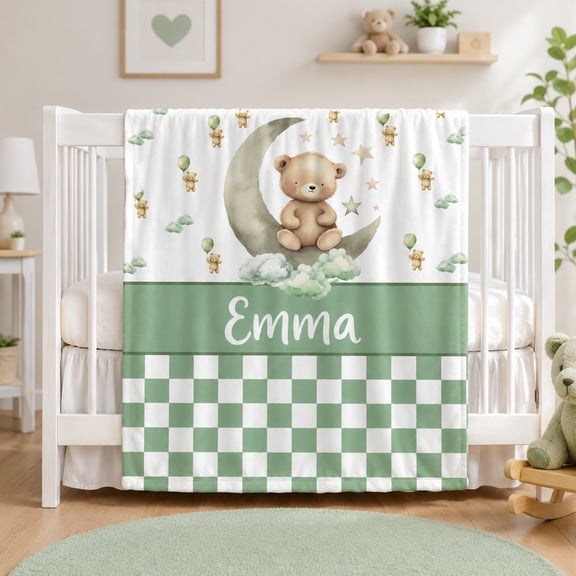 Personalized Baby Fleece Blanket, Custom Name Teddy Bear Moon Nursery Throw, 280gsm Polyester, Green Check Baby Shower Gift