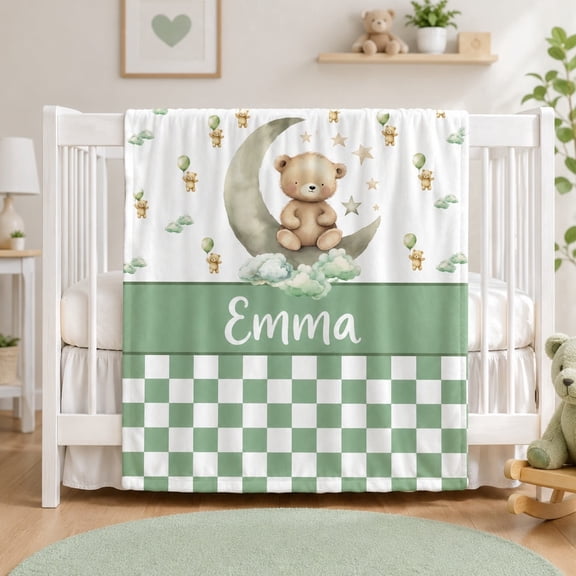 Personalized Fleece Throw Blanket, Custom Name Cozy Bear Moon Green Check Pattern, 280gsm Polyester Home Decor Gift