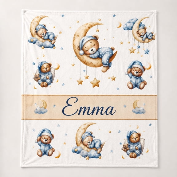 Personalized Small Fleece Blanket with Name, Moon Teddy Bear 3D Print 280gsm Polyester Throw, Custom Text Gift Blanket