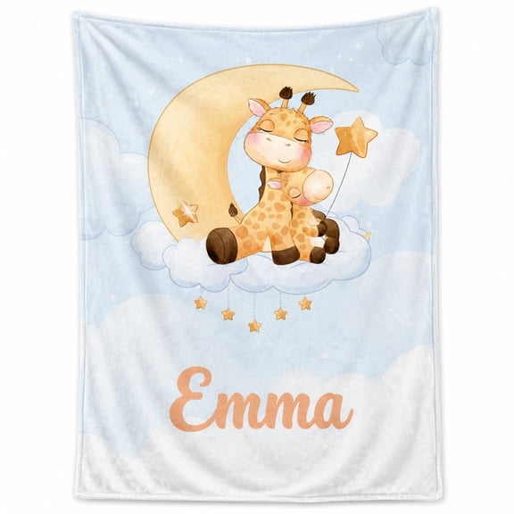 Personalized Small Giraffe Fleece Blanket, Custom Name Moon and Stars Bedroom Throw, 280 GSM Polyester, Multiple Sizes