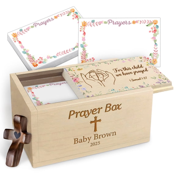 Personalized Baby Prayer Box with Custom Name and Birth Year, 100 Prayer Cards and Wooden Cross, For This Child We Have Prayed Scripture Keepsake for New Parents