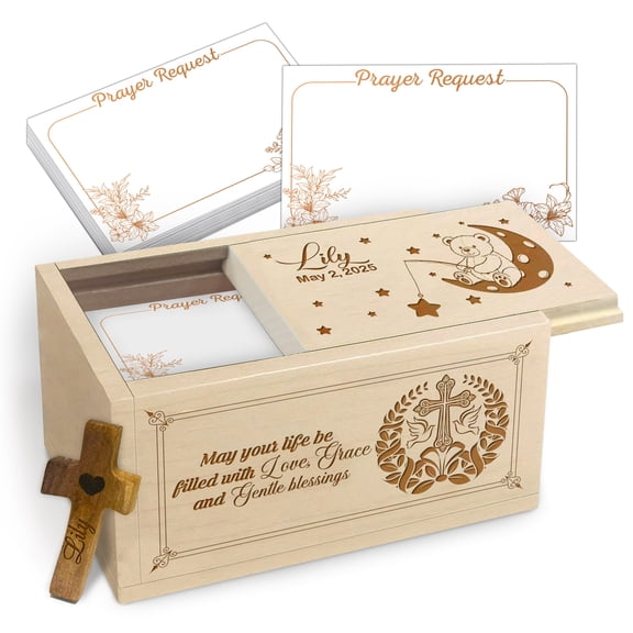 Personalized Baby Prayer Box, Maple Wood Prayer Request Box with Custom Name & Date, 100 Blank Prayer Cards and Wooden Cross, Christian Baby Gift