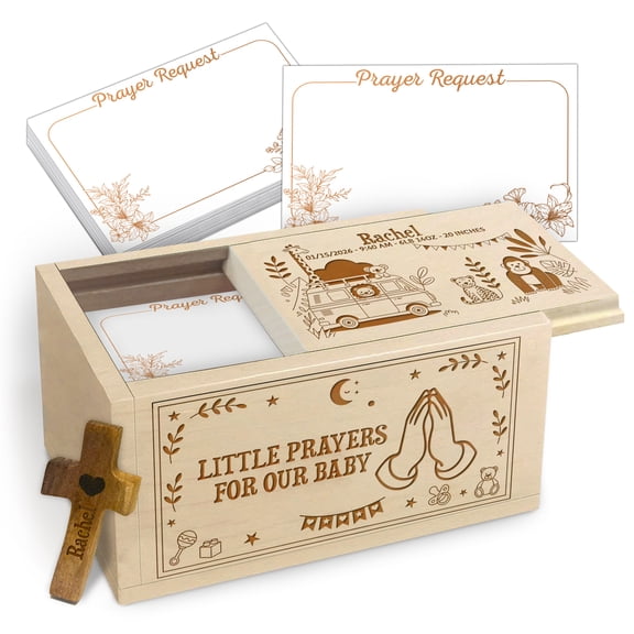 Personalized Baby Prayer Box with Cross and 100 Prayer Request Cards, Wooden Christian Keepsake “Little Prayers for Our Baby”, Baby Shower Gift