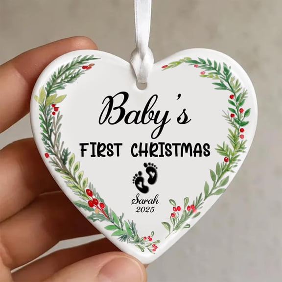 Personalized Baby's First Christmas Ornament 2025 - Custom Name Heart/Round, Sea-Glass-Style Photo Keepsake for Newborn