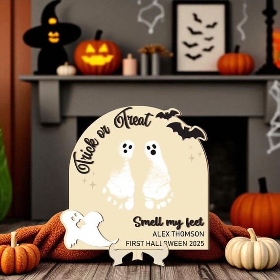 Personalized Baby’s First Halloween Footprint Art Sign, DIY Wooden Keepsake Craft, Custom Handprint Decoration, Holiday Memory Gift