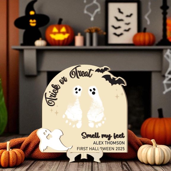 Personalized Baby’s First Halloween Footprint Art Sign, DIY Wooden Keepsake Craft, Custom Handprint Decoration, Holiday Memory Gift