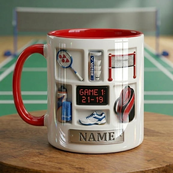 Personalized Badminton Mug, Faux 3D Design, Player Gift, Ceramic Drinkware