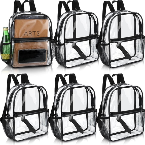 Clear Backpack bulk 11.4 x 9.5 x 5.1 Inch Bag Stadium Approved Plastic Transparent Backpack with 2 Water Holders(Black)
