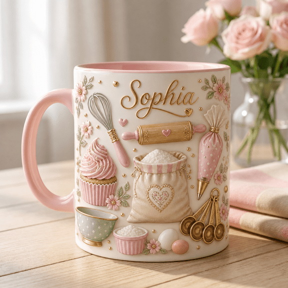 Personalized Baker Mug with 3D Effect, Pastel Floral Baking Coffee Cup Gift
