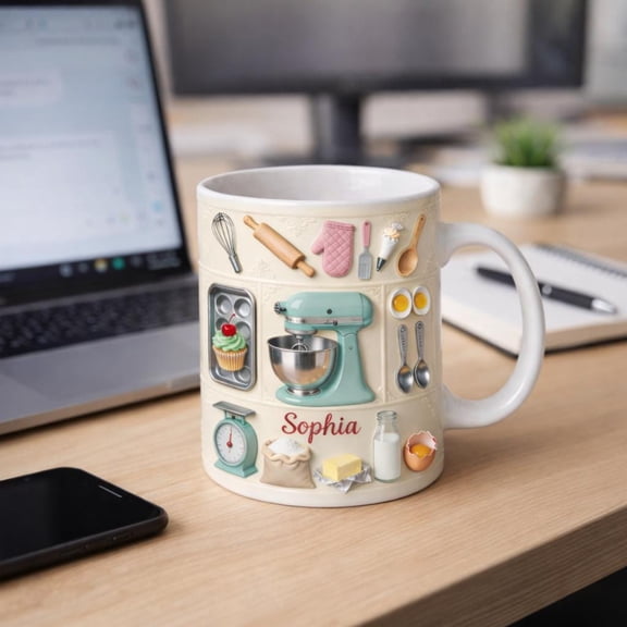 Personalized Baking Mug, Custom Name Baker Coffee Mug, Kitchen Lover Gift, Baking Tools Mug, Pastry Chef Gift, Baking Lover Mug