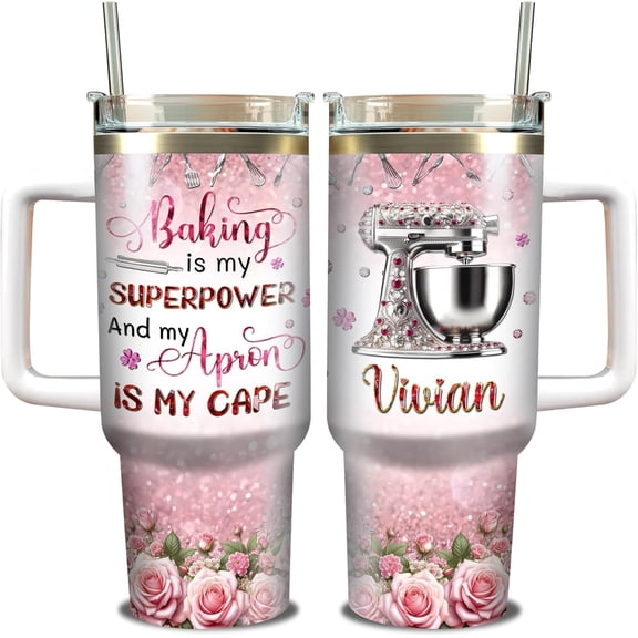 Personalized Baking Tumbler 40oz with Handle and Straw Custom Name Jewelry Style Vacuum Insulated Travel Mug Cup Pastry Chef Cooking Themed Gifts For Cute Baker Women Who Love To Bake
