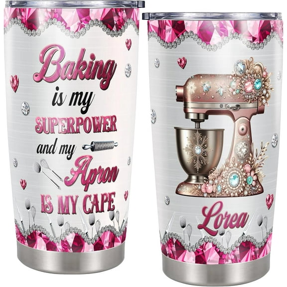 Personalized Baking Tumblers 20oz Jewelry Style Printed Insulated Cup Travel Mug with Lid Custom Name Cooking Themed Gifts For Pastry Chef Baker Women Girls Who Loves to Bake