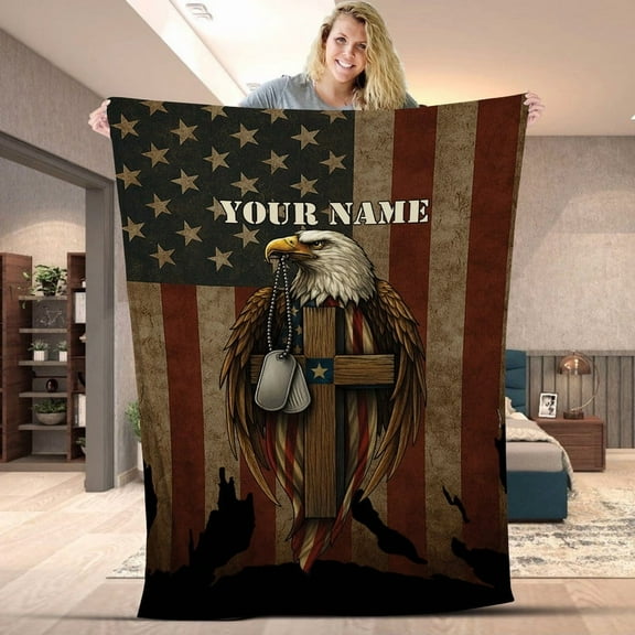 Personalized Bald Eagle Cross American Flag Blanket – Custom Name Patriotic Military Throw Blanket, Veteran Gift, USA Pride Home Decor