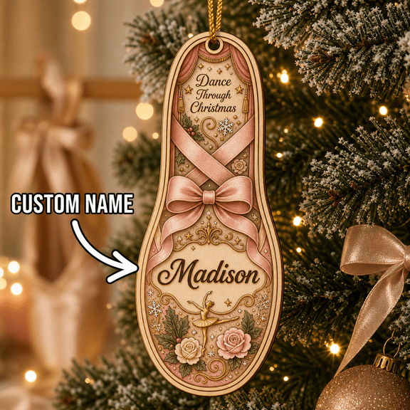 Personalized Ballet Slipper Christmas Ornament, Flat Wooden Tree Decoration for Dancer Gift