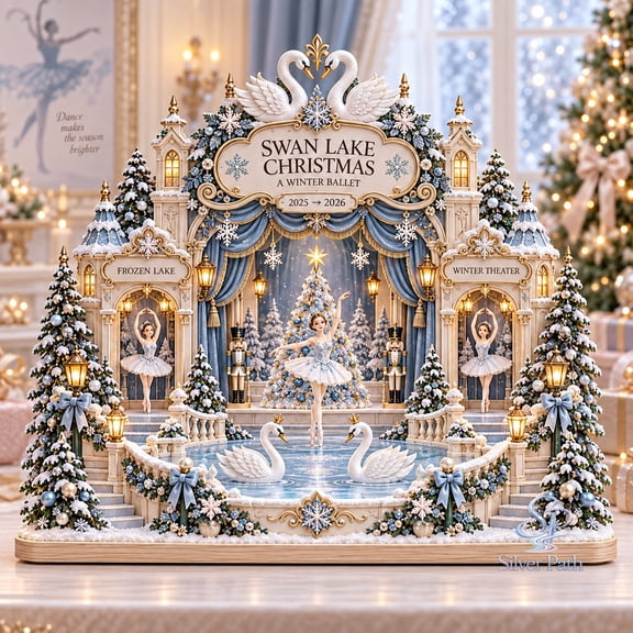Personalized Ballet Village Wooden Block 2 Layer Swan Lake Christmas, Freestanding Table Display for Dance Lovers