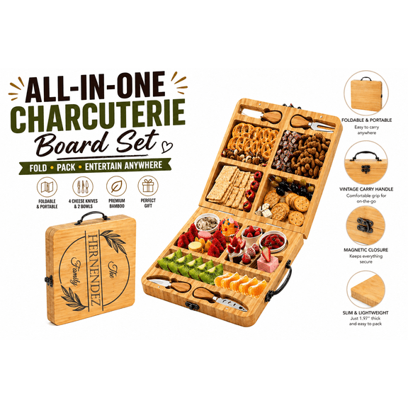 Personalized Bamboo Charcuterie Board Set with Knives & Bowls, Foldable Cheese Board Gift Set, Custom Engraved Serving Tray with Compartments