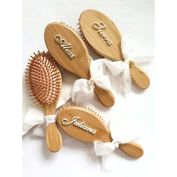 Personalized Bamboo Hair Comb Yellow With Engraved Name Anti-Static