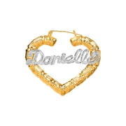 Personalized Bamboo Style Heart Name Earrings with Beading and Rhodium All Over The Name