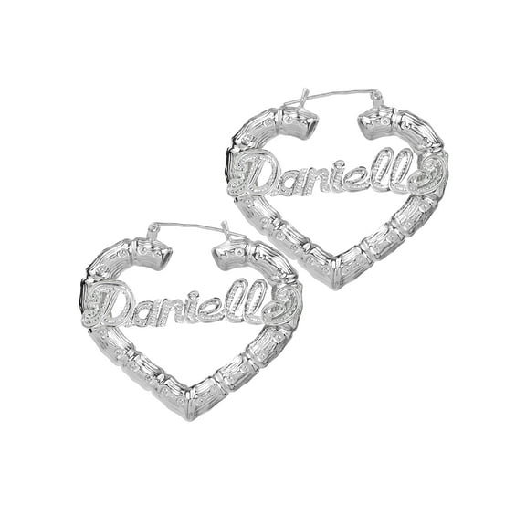 Personalized Bamboo Style Heart Name Earrings with Beading and Rhodium All Over The Name
