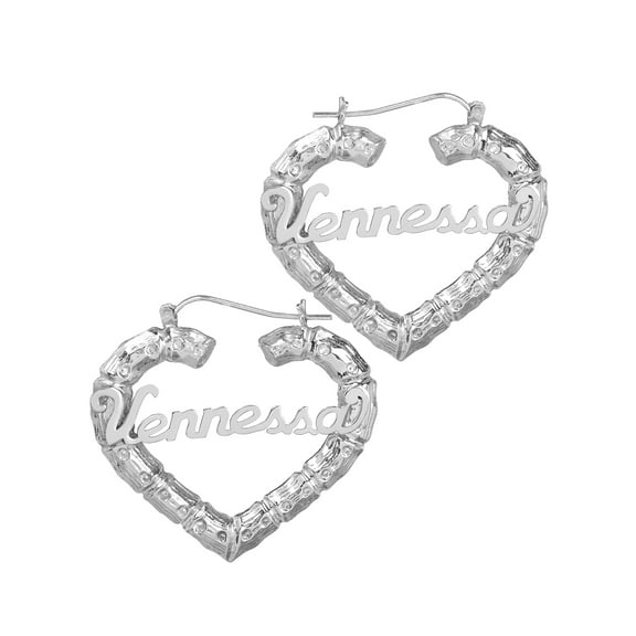 Personalized Bamboo Style Heart Polished Name Earrings