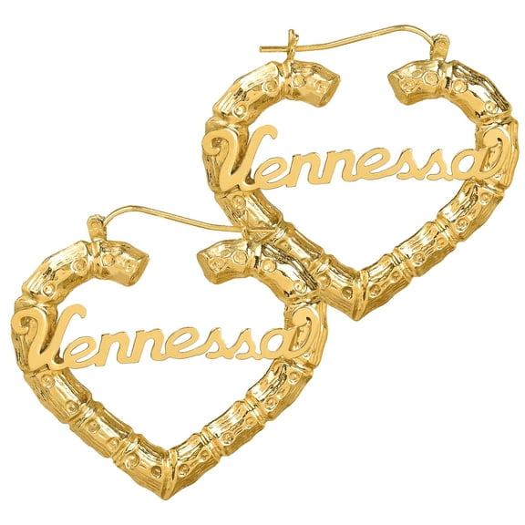 Personalized Bamboo Style Heart Polished Name Earrings