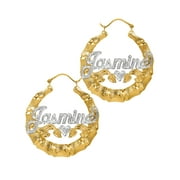 Personalized Bamboo Style Hoop Name Earrings with Beading and Rhodium All Over