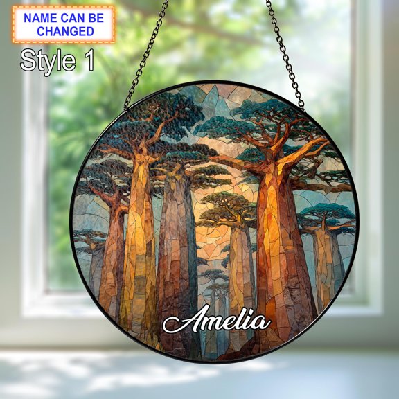 Personalized Baobab Forest Stained Glass Suncatcher, Custom Name Mystical Tree Window Hanging, Nature Lover Gift