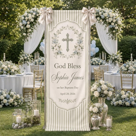 Personalized Baptism Fabric Banner, God Bless Christening Backdrop, Custom Name Communion Sign, Church Event Decor