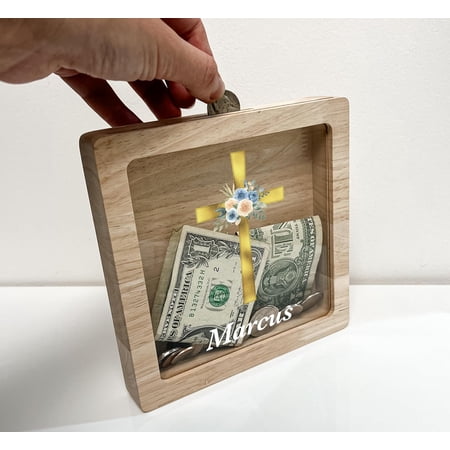 Personalized Baptism Money Box Savings Bank Room Decor, Godparent Gift, Baby Baptism Gift, Blessed Faith Cross Memory Box 1st First Communion Gift, Confirmation Gift, Made in America!
