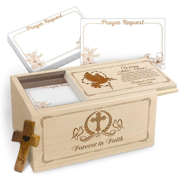 Personalized Baptism Prayer Box, Custom Name and Year Maple Wood Faith Keepsake Box with 100 Blank Prayer Cards and Handheld Wooden Cross, Christian Baptism Gift