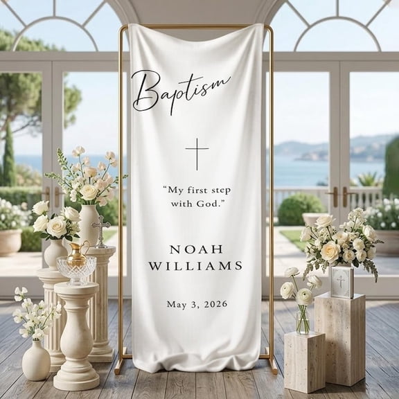 Personalized Baptism Satin-Style Fabric Welcome Sign, Custom Religious Ceremony Banner for First Holy Communion and Christening Decor