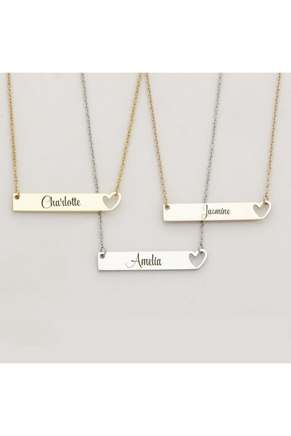 Personalized Bar Birthday Day Name Necklace Heart Custom Gift for Mom Women's Heart Bar Name Necklace Stainless Steel Gift for Girlfriend Fiancee Engravable Couples Free Gift Box Ships Next Day