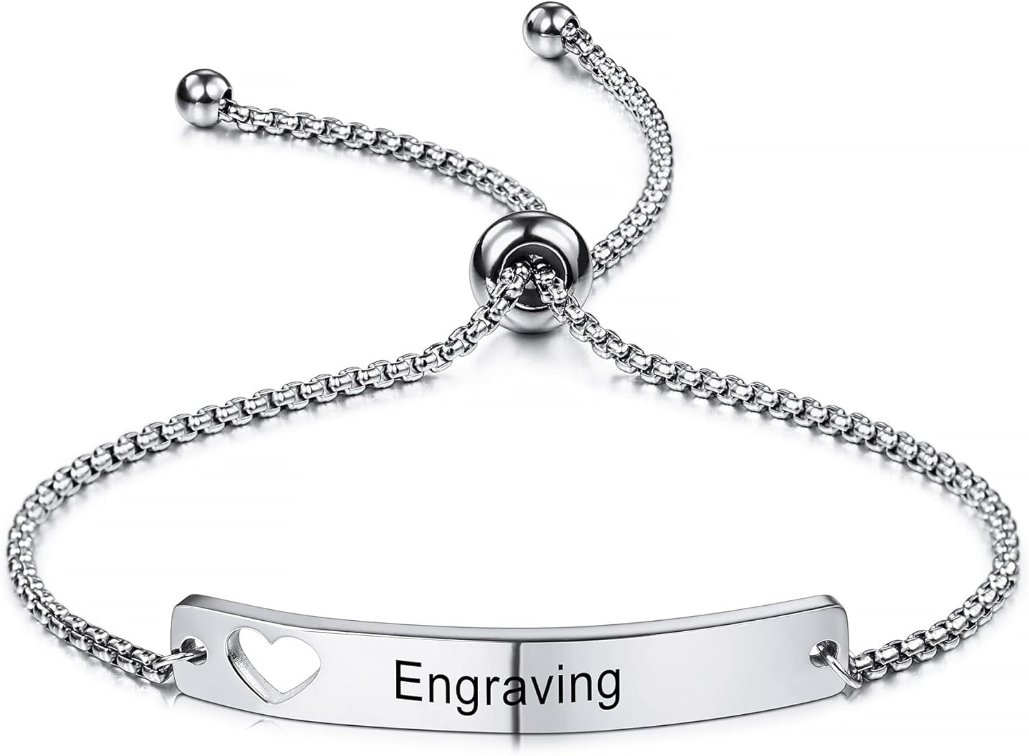 Personalized Bar ID Bracelet For Women - Stainless Steel Figaro Chain With Heart Birthstone & Custom Engraving