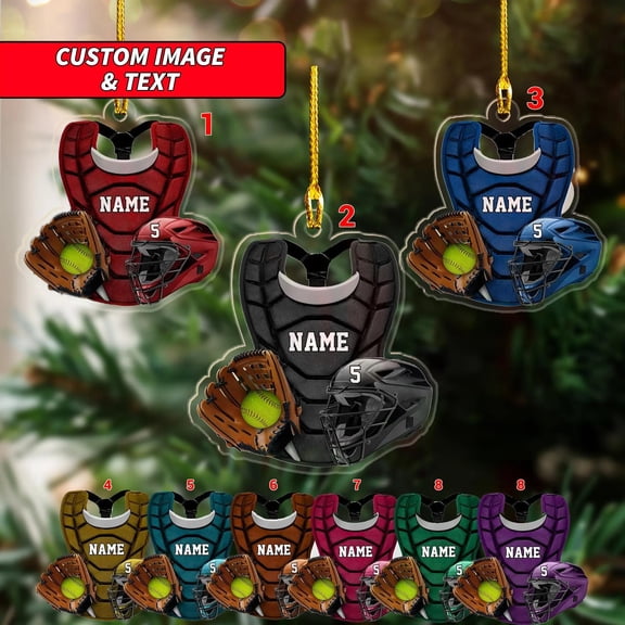 Personalized Baseball Catcher Gear 2D Flat Ornament 2025 + Chest Protector & Helmet Theme + Sports Tree Decor + Player Gift