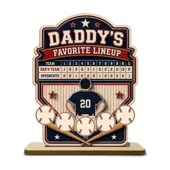 Personalized Baseball Dad Lineup Wooden Plaque, 3 Sizes Desktop Ornament, Fathers Day Gift