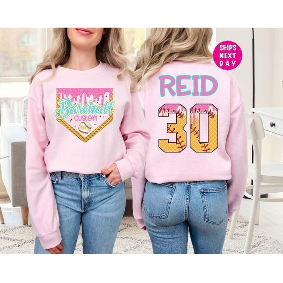 Personalized Baseball Drip Sweatshirt, Custom Baseball Jersey, Baseball Sweatshirt, Ice Cream Drip Light Pink