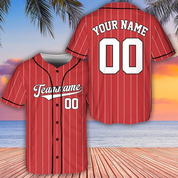 Personalized Baseball Jersey Shirt, Group Matching Jersey, Team Sport Jersey, Red White Pin Stripe Baseball Shirt