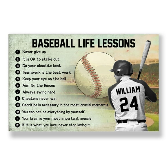 Personalized Baseball Life Lessons Poster Baseball Batter Wall Art Baseball Fans Gift Baseball Player Art Print Custom Name Number 11 x 17 Inch Poster