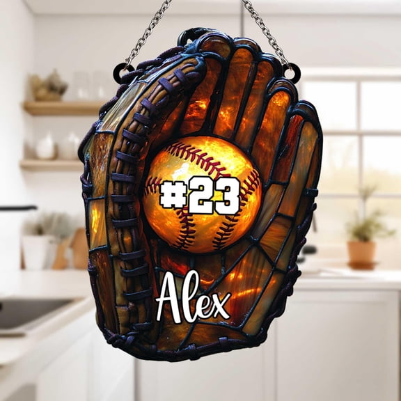 Personalized Baseball Suncatcher, Acrylic Hanging Art with Glove, Ball, Jersey Number and Name, Gift for Coach, Player or Team Fan