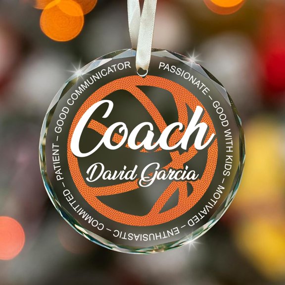 Personalized Basketball Coach Christmas Glass Ornament – Custom Name & Traits Gift for Sports Mentor – Appreciation Tree Decoration for Huddle Leaders, Teachers, Trainers