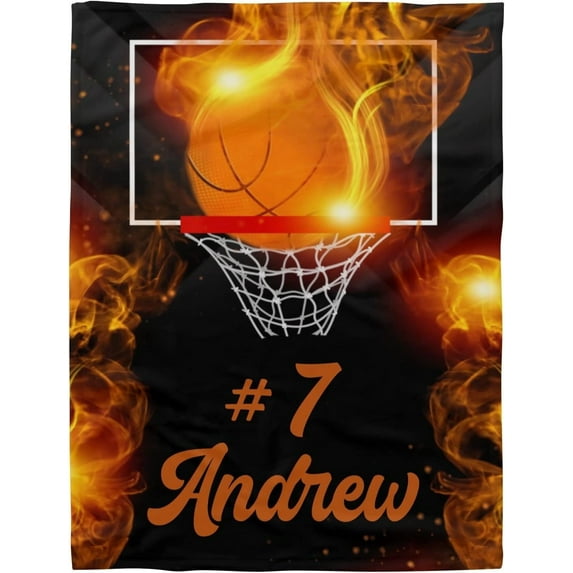 Personalized Basketball Fire Throw Blankets with Name Custom Fleece Blanket Tapestry for Sofa Bed Wedding Gifts 60x80inch