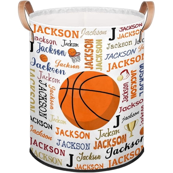 Personalized Basketball Large Laundry-Basket, Custom Foldable Laundry Hamper for Kids-Boys Waterproof Storage Bin with Handles for Dirty Clothes Toys