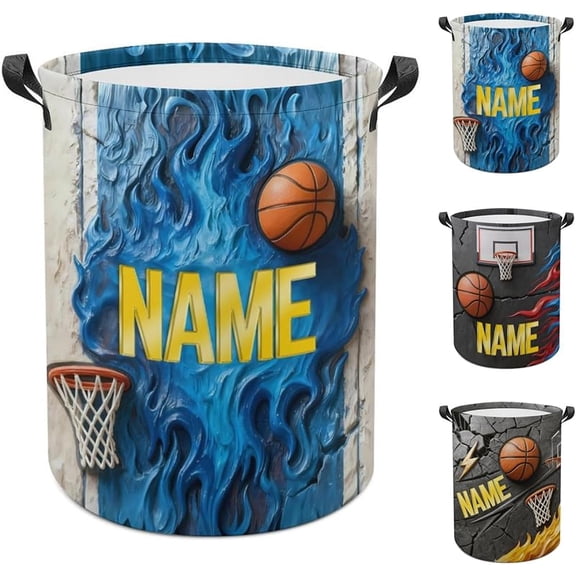 Personalized Basketball Laundry Basket with Handle, Custom Name Foldable Sports Laundry Hamper, Waterproof Dirty Clothes Storage Bucket Organizer for Bathroom Bedroom Room Decor