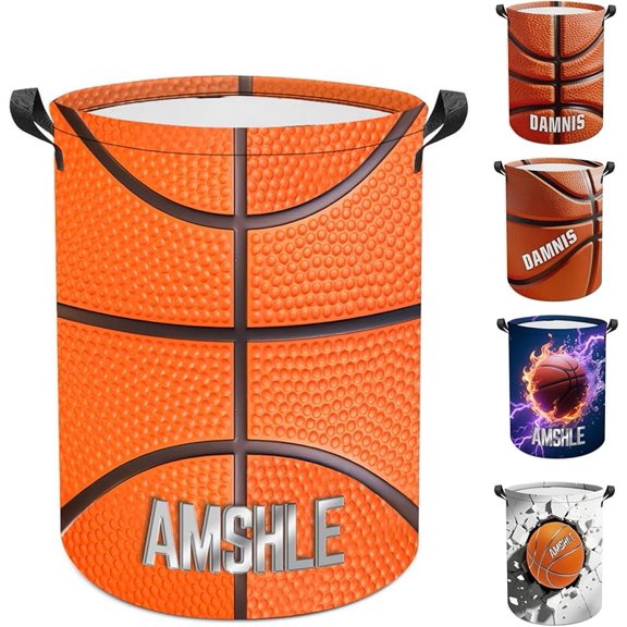 Personalized Basketball Laundry Basket with Handle, Custom Name Foldable Sports Laundry Hamper, Waterproof Dirty Clothes Storage Bucket Organizer for Bathroom Bedroom Room Decor