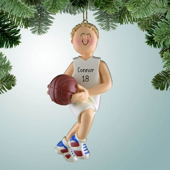 Personalized Basketball Male with White Uniform - Blonde Christmas Ornament - Shooting - Dribbling - Passing - Sharp Shooter - Team Gift Ideas