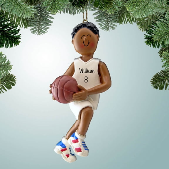 Personalized Basketball Male with White Uniform - Dark Skin Christmas Ornament - Shooting - Dribbling - Passing - Sharp Shooter - Team Gift Ideas